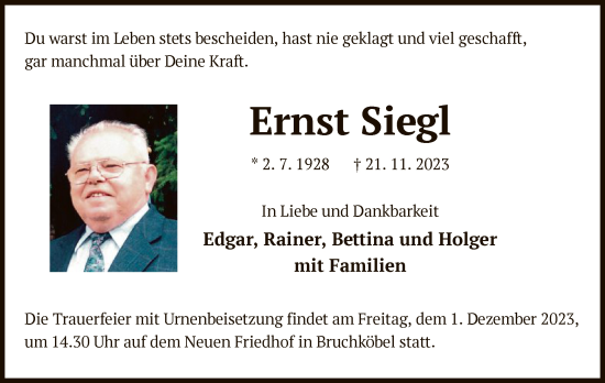 Traueranzeige von Ernst Siegl von OF