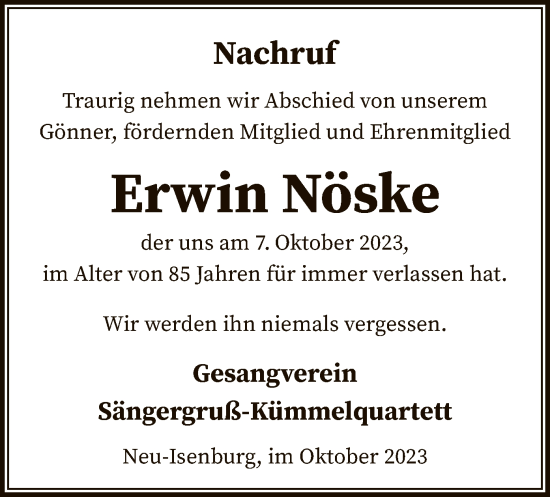 Traueranzeige von Erwin Nöske von OF