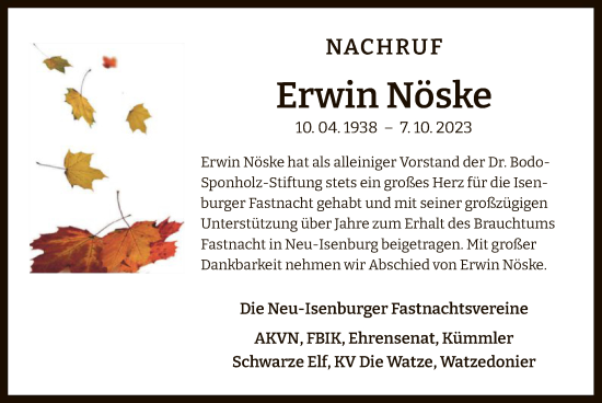 Traueranzeige von Erwin Nöske von OF