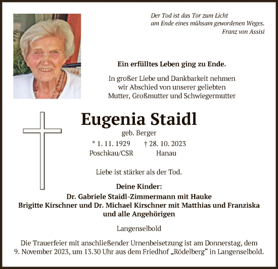 Traueranzeige von Eugenia Staidl von OF