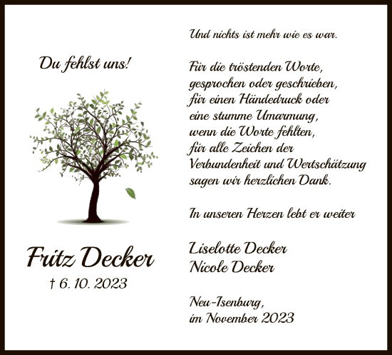 Traueranzeige von Fritz Decker von OF