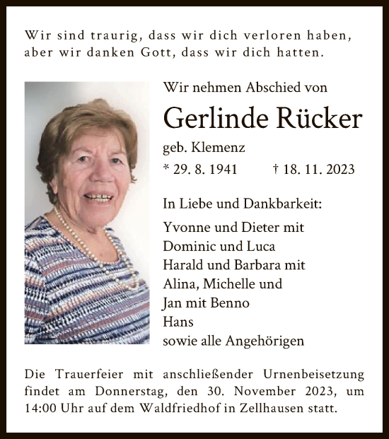 Traueranzeige von Gerlinde Rücker von OF