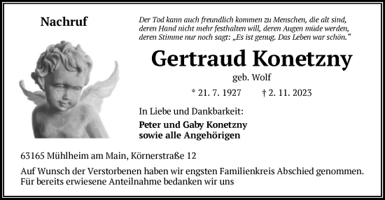 Traueranzeige von Gertraud Konetzny von OF