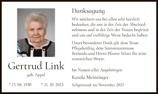 Traueranzeige von Gertrud Link von OF