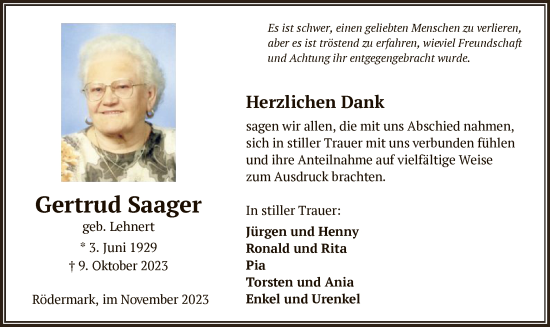 Traueranzeige von Gertrud Saager von OF