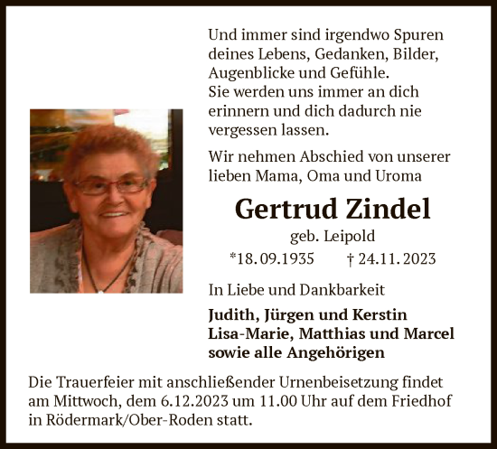 Traueranzeige von Gertrud Zindel von OF