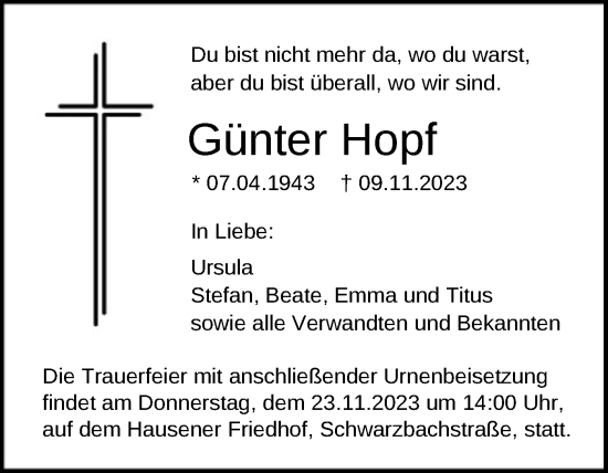 Traueranzeige von Günter Hopf von OF