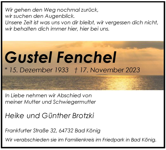 Traueranzeige von Gustel Fenchel von OF