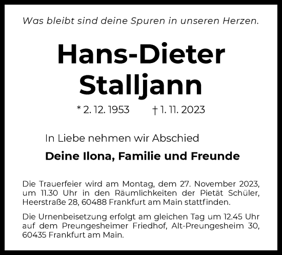 Traueranzeige von Hans-Dieter Stalljann von OF