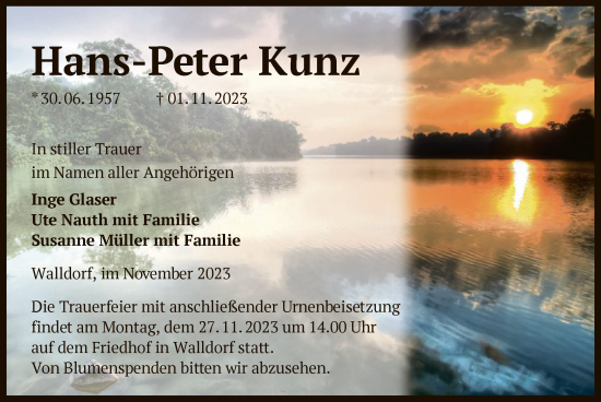 Traueranzeigen Von Hans Peter Kunz Trauer Op Online De