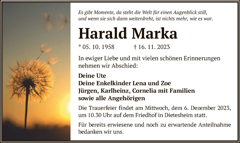  Traueranzeige für Harald Marka vom 29.11.2023 aus OF