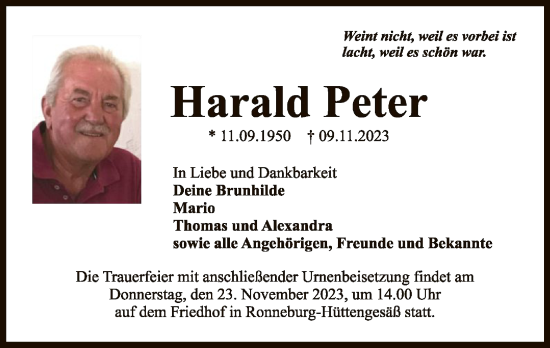 Traueranzeige von Harald Peter von OF