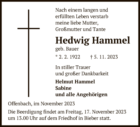 Traueranzeige von Hedwig Hammel von OF