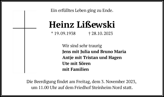 Traueranzeige von Heinz Lißewski von OF