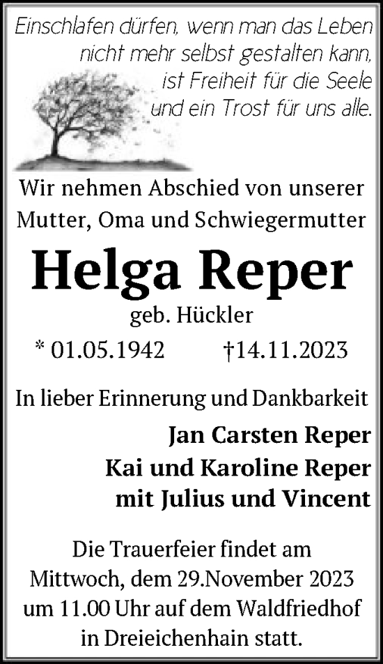 Traueranzeige von Helga Reper von OF