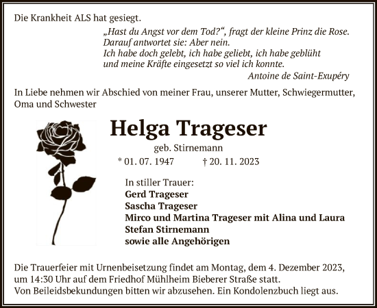 Traueranzeige von Helga Trageser von OF