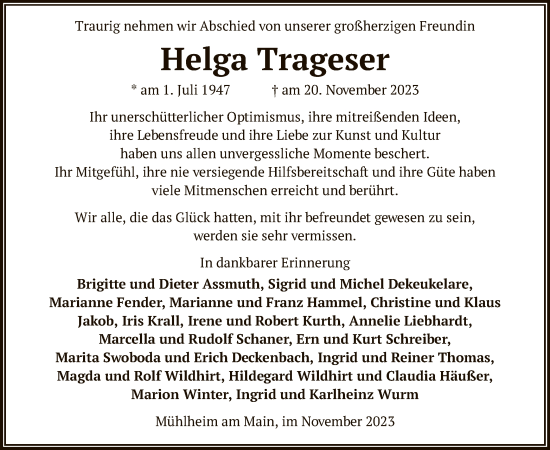 Traueranzeige von Helga Trageser von OF