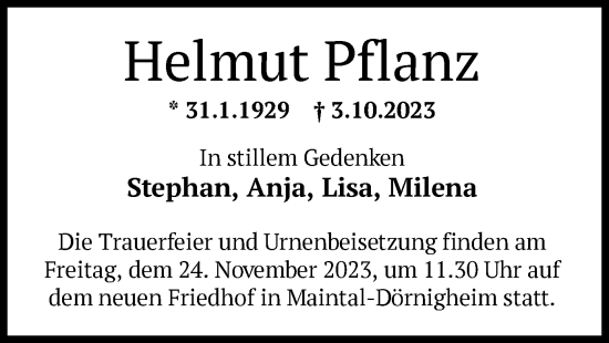 Traueranzeige von Helmut Pflanz von OF