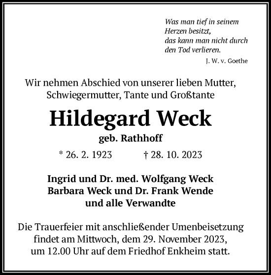 Traueranzeige von Hildegard Weck von OF