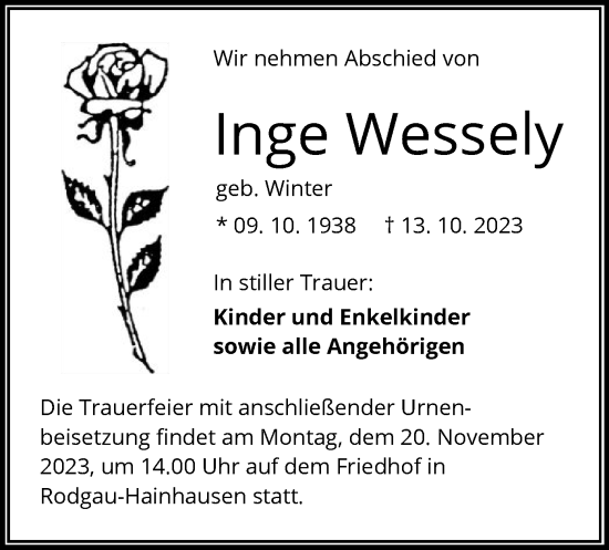 Traueranzeige von Inge Wessely von OF