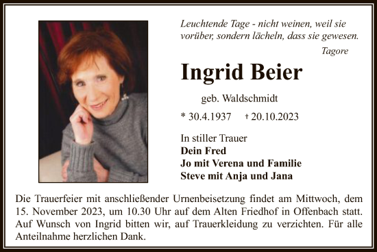 Traueranzeige von Ingrid Beier von OF