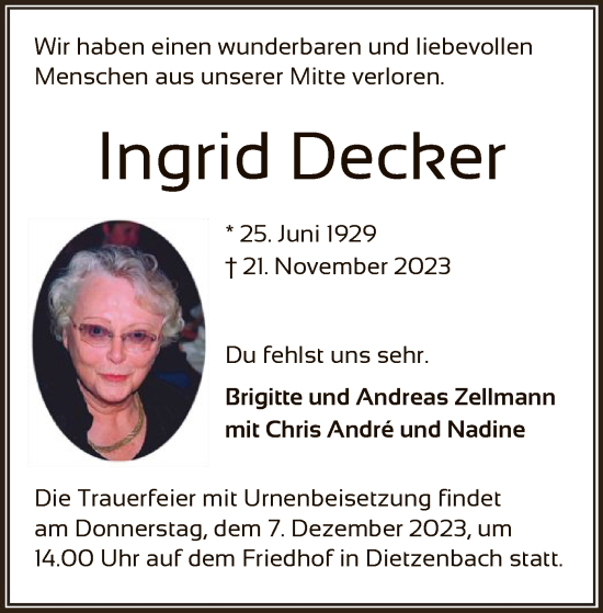 Traueranzeige von Ingrid Decker von OF