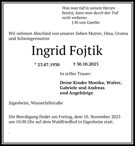 Traueranzeige von Ingrid Fojtik von OF