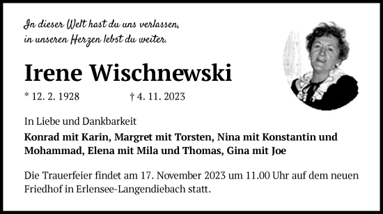 Traueranzeige von Irene Wischnewski von OF