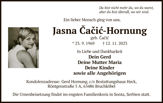 Traueranzeige von Jasna Cacic-Hornung von OF