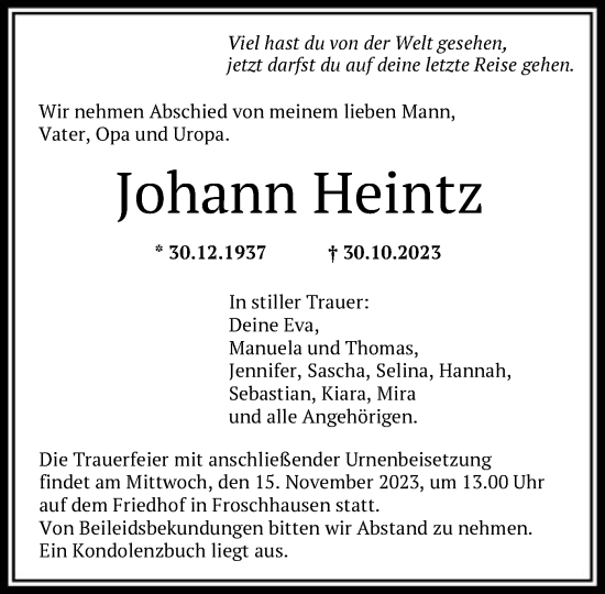 Traueranzeige von Johann Heintz von OF