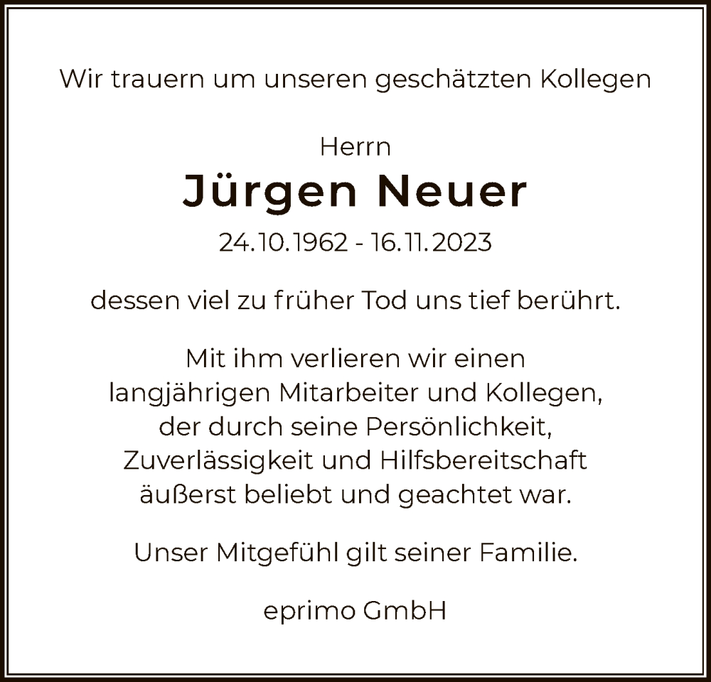  Traueranzeige für Jürgen Neuer vom 23.11.2023 aus OF