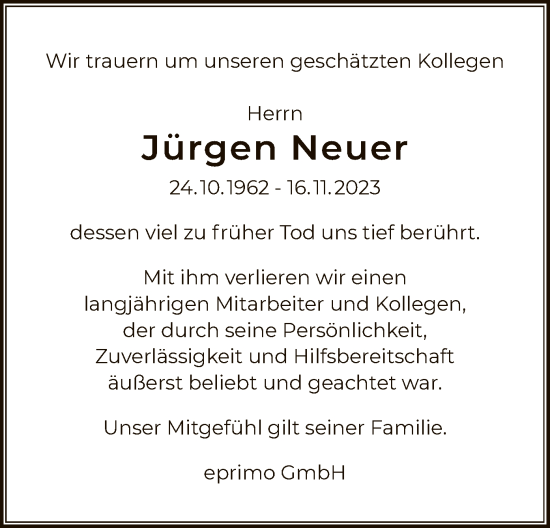 Traueranzeige von Jürgen Neuer von OF