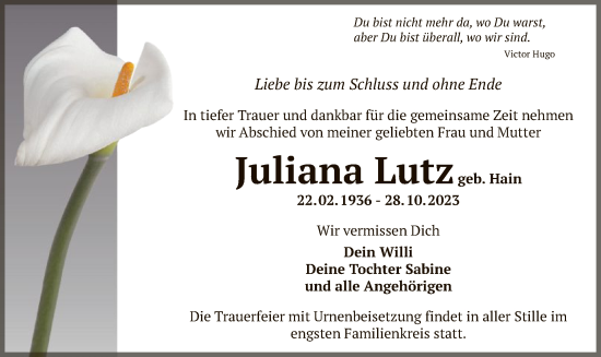 Traueranzeige von Juliana Lutz von OF