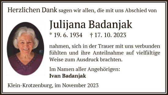 Traueranzeige von Julijana Badanjak von OF