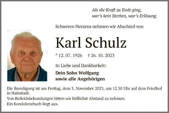 Traueranzeige von Karl Schulz von OF