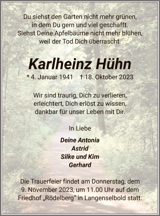 Traueranzeige von Karlheinz Hühn von OF