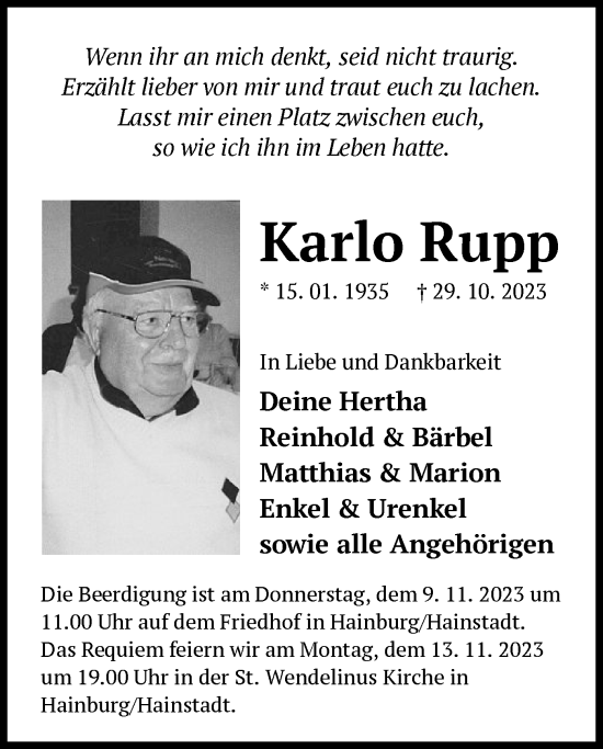 Traueranzeige von Karlo Rupp von OF