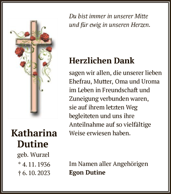 Traueranzeige von Katharina Dutine von OF