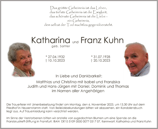 Traueranzeige von Katharina und Franz Kuhn von OF