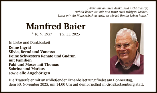 Traueranzeige von Manfred Baier von OF