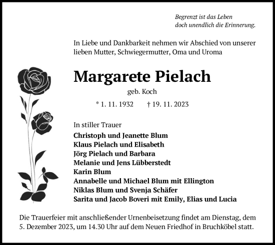 Traueranzeige von Margarete Pielach von OF