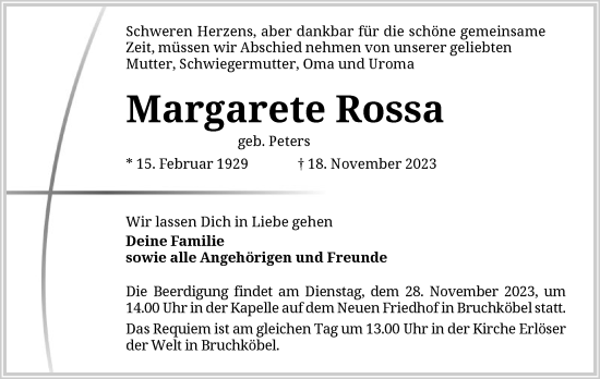 Traueranzeige von Margarete Rossa von OF