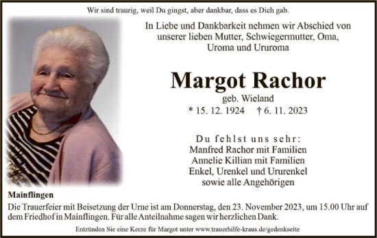 Traueranzeige von Margot Rachor von OF