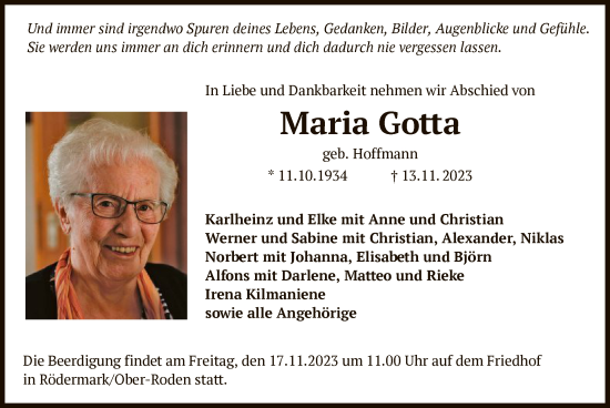 Traueranzeige von Maria Gotta von OF