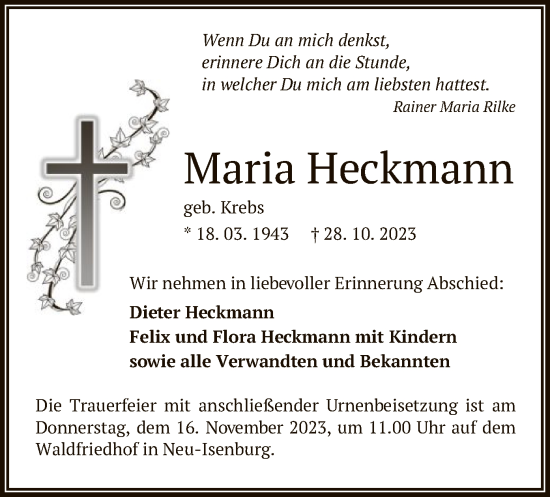 Traueranzeige von Maria Heckmann von OF