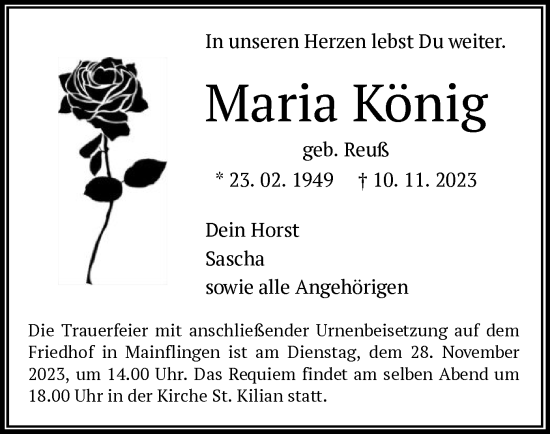 Traueranzeige von Maria König von OF