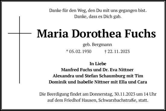 Traueranzeige von Maria Dorothea Fuchs von OF