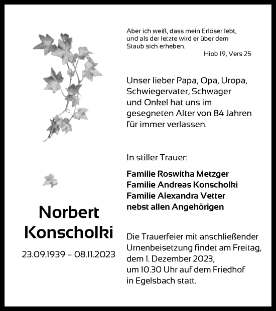 Traueranzeige von Norbert Konscholki von OF