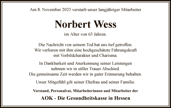 Traueranzeige von Norbert Wess von OF