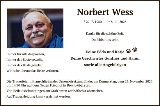 Traueranzeige von Norbert Wess von OF